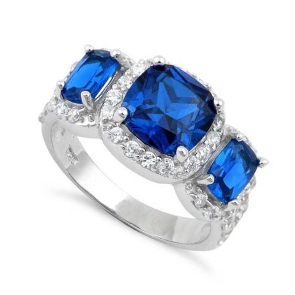 No Brand Jewelry - Stunning Sterling Silver Blue Sapphire Three Stone Halo CZ Ring New
